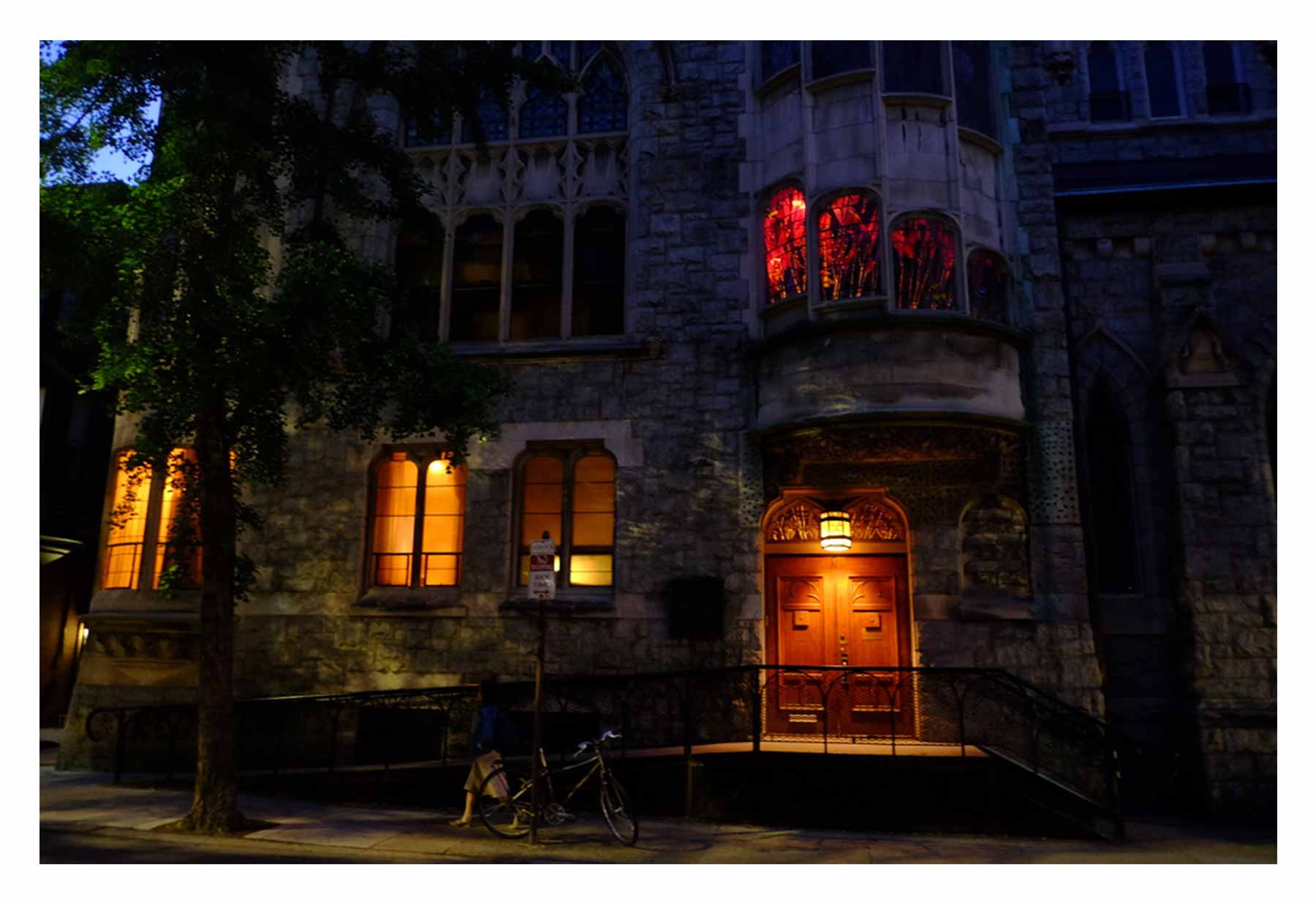 Stained glass windows lit up